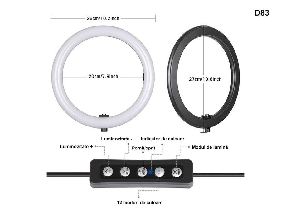 Ring Light LED 10" Foto Lampa Circulara Trepied 210cm Paletă Culori