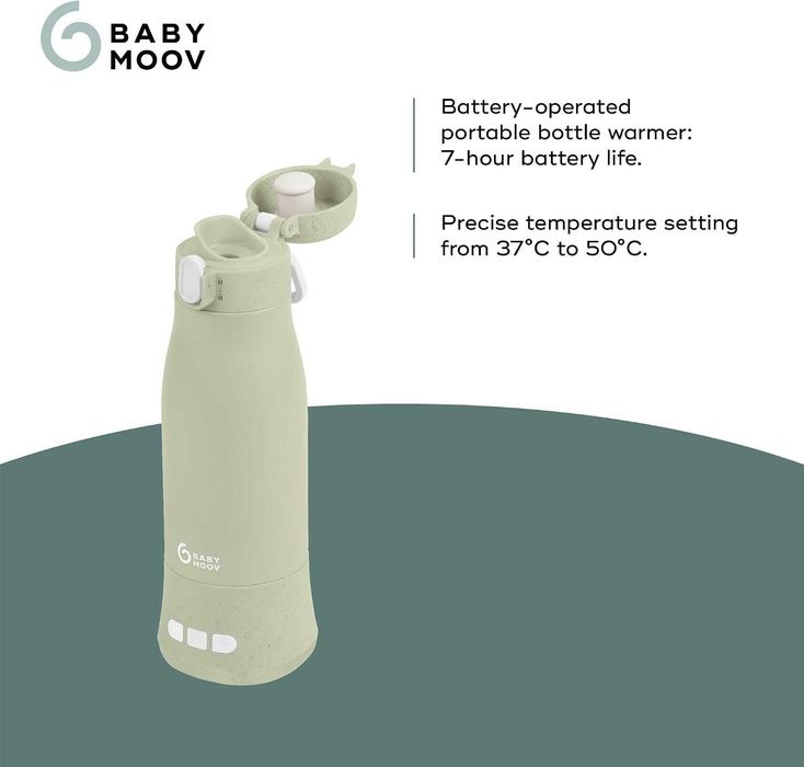 Babymoov Moov & Feed – Преносим безжичен нагревател за бебешки шишета, 340 мл, USB, Sage Green