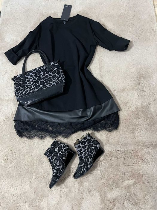 Rochie neagra terminatie din dantela si piele ecologica, m. universala