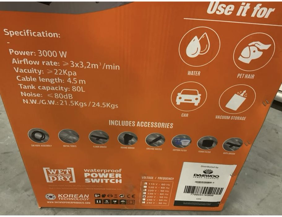 Професионална прахосмукачка Daewoo 3000W / 80 L - мокро и сухо