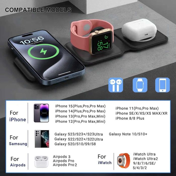 Магнитно безжично зарядно  3 в 1