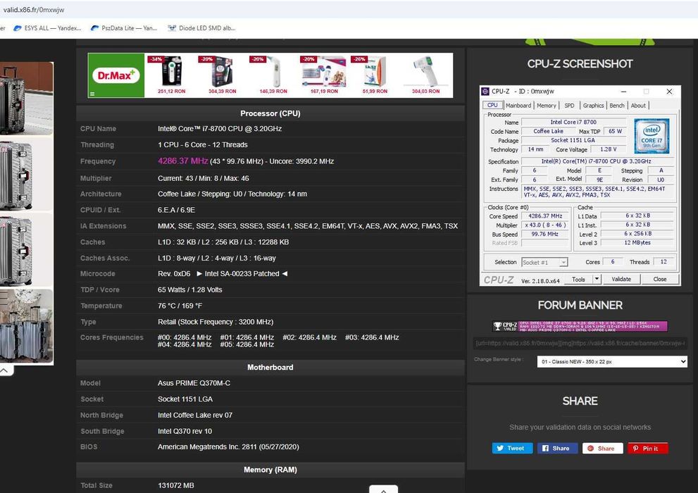 Kit CPU Intel i7-8700 + ASUS PRIME Q370M-C + Cooler (LGA1151 v2)