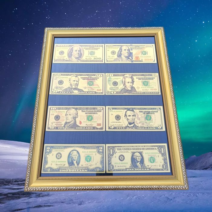 Коллекционная картина из золотых банкнот купюр Доллары Евро Подарок