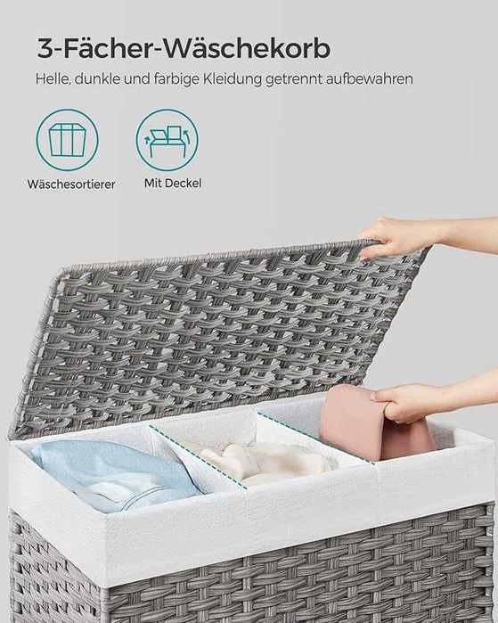 SONGMICS Кош за пране с капак, 160 л, кош за пране, 3 отделения