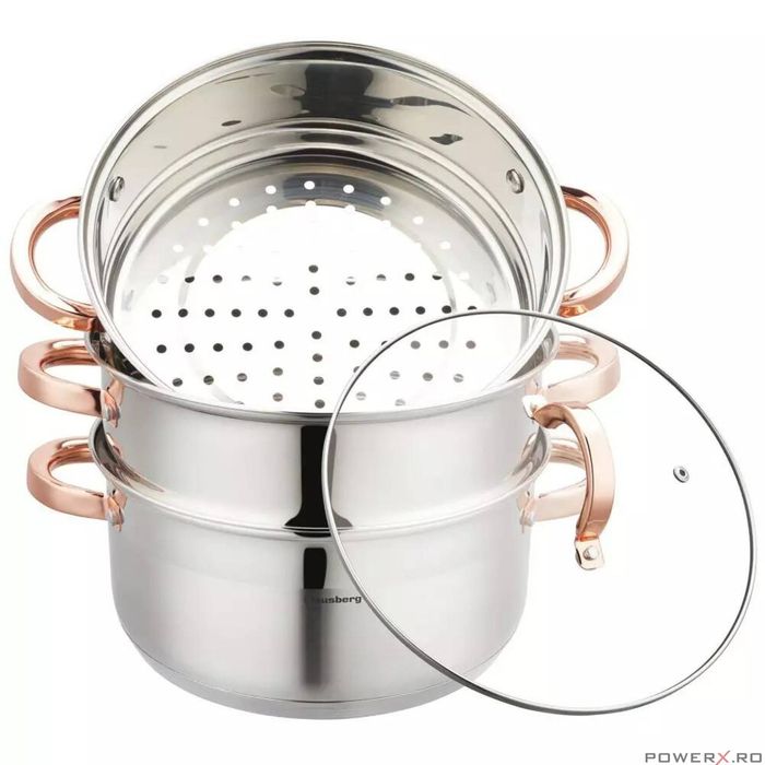 Oala fiert la abur, 4 elemente, cu manere roze gold, 24cm, 5.0L,