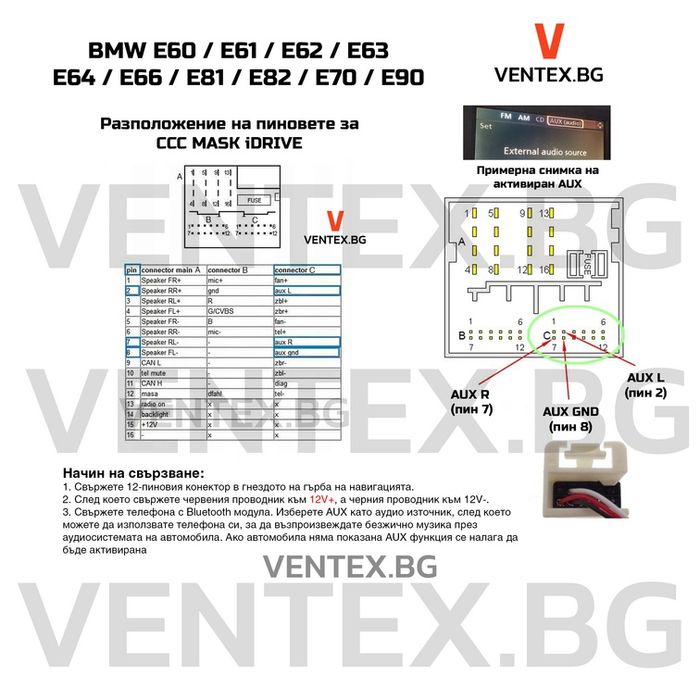 Bluetooth за BMW E60 E90 CCC MASK CIC AUX-IN блутут е60 WEFA Микрофон 12 Pin