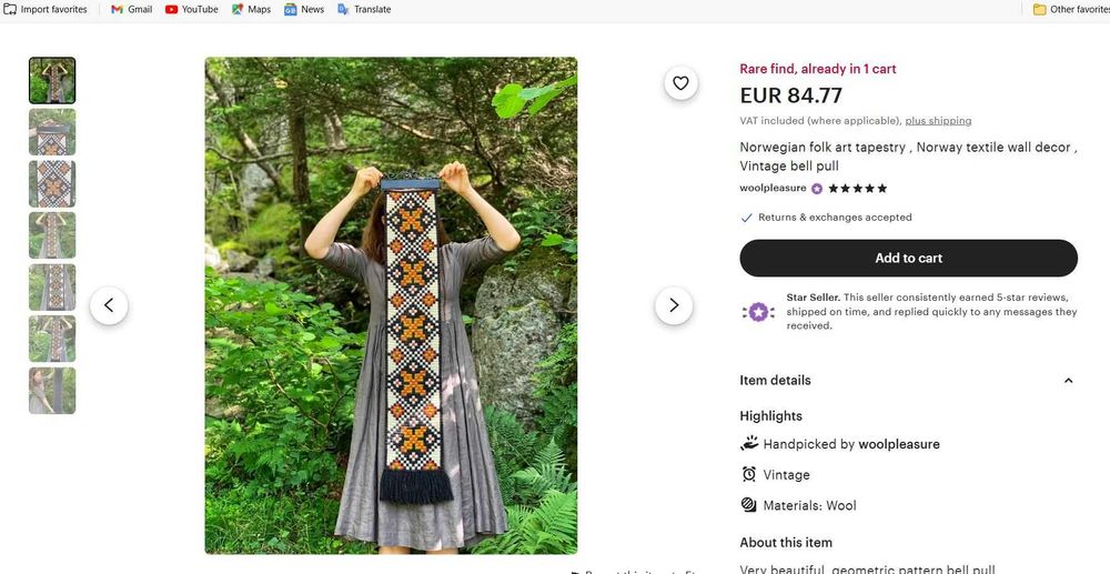 Bellpull goblen BavariaScandinav vintage clopot broderie biserica lana