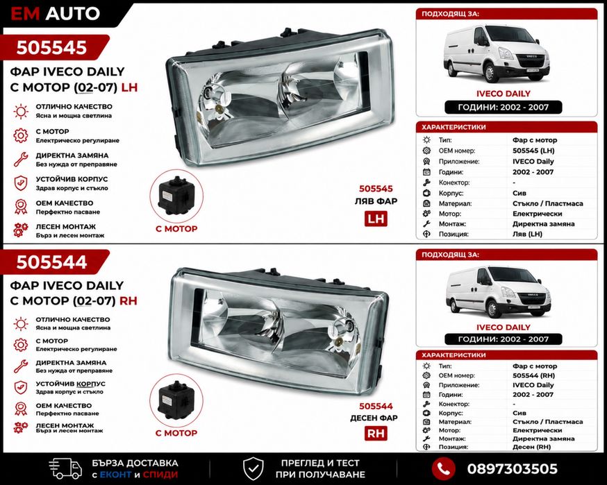 Фарове Iveco Daily с мотор 2002-2007 LH RH | Iveco Daily / Ивеко Дейли | Предни фарове с електрическо регулиране
