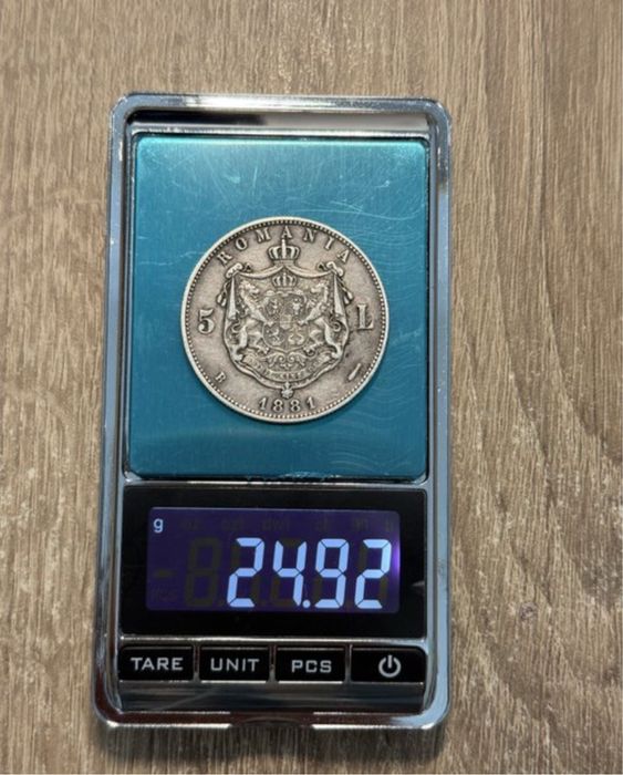 Moneda 5 lei 1881 , REGE G ingust, Carol I