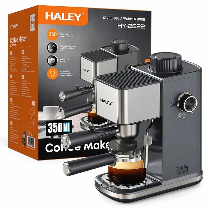 Espressor de Cafea, 1500W, 5 Bar, Rezervor 350 ml, Sistem Spumare Lapte, Filtru Inox, Carafă din Sticlă Borosilicată