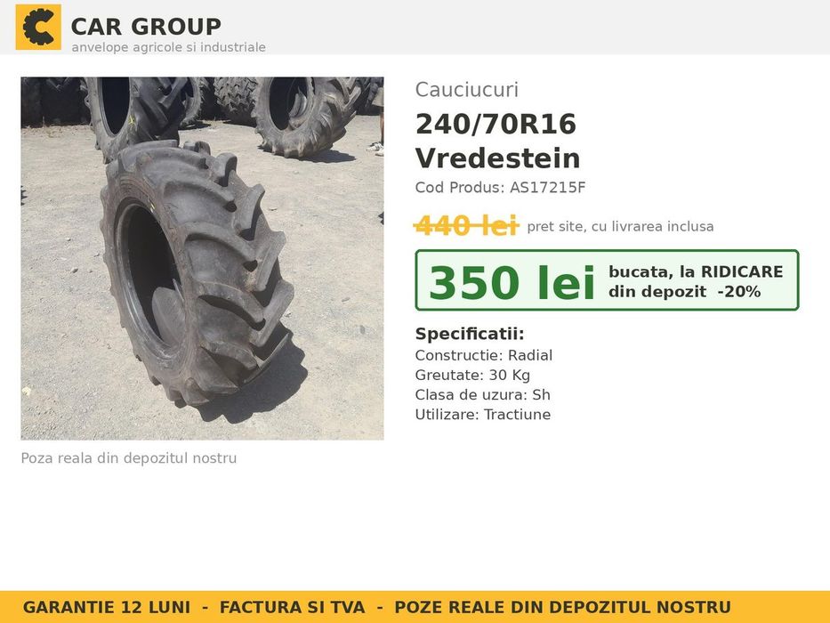 Anvelope Cauciucuri 240/70R16 240/70 R16 240/70-16 2407016 Vredestein Tractor Punte Fata Utilaje Agricole SH Second Hand GARANTIE Garantie 1 An