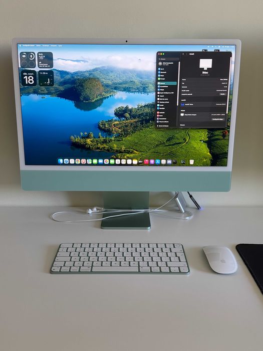 Vând iMac Apple M1, culoare verde, cu 8GB RAM și SSD 256GB