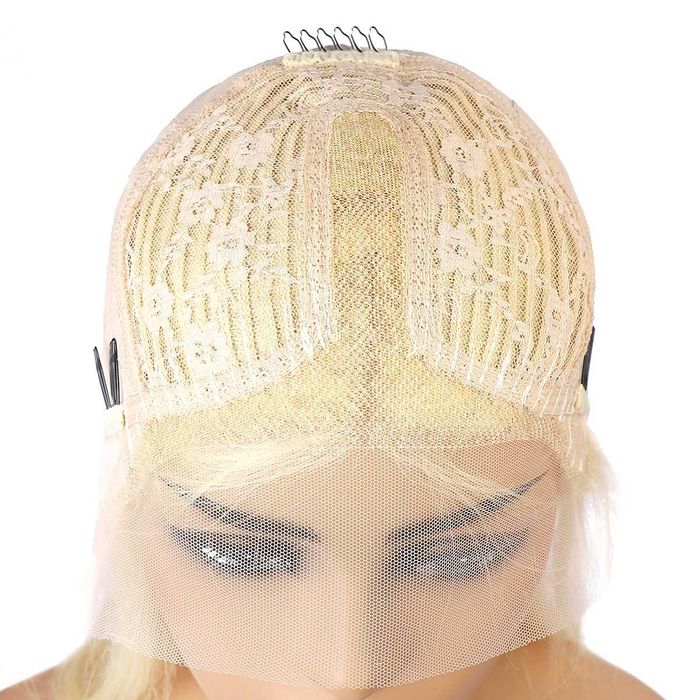 Платинено руса синтетична перука - 75 см, права, с дантела 13×4×1