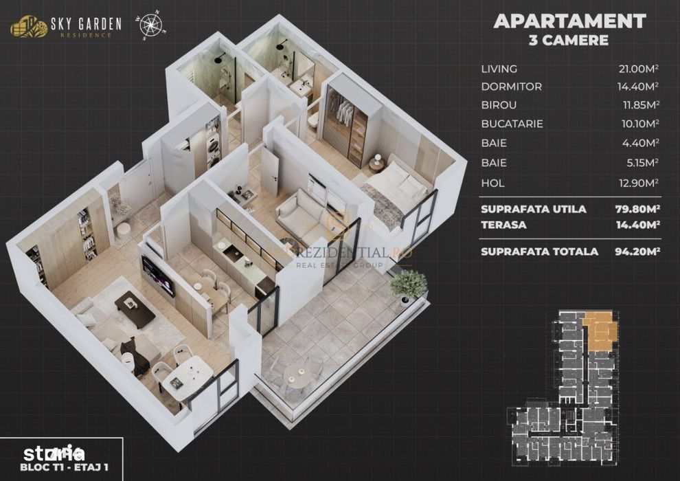 Apartament 3 camere, decomandat, terasa 14 mp, piscina, Splaiul Unirii