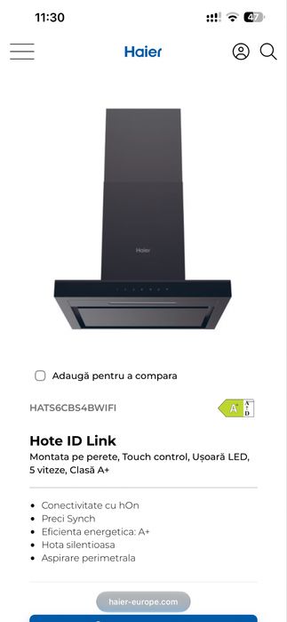 Hotă de perete smart Haier I-Link 60 cm Neagră, Wi-Fi, Touch, 890 m3/h - NOUĂ
