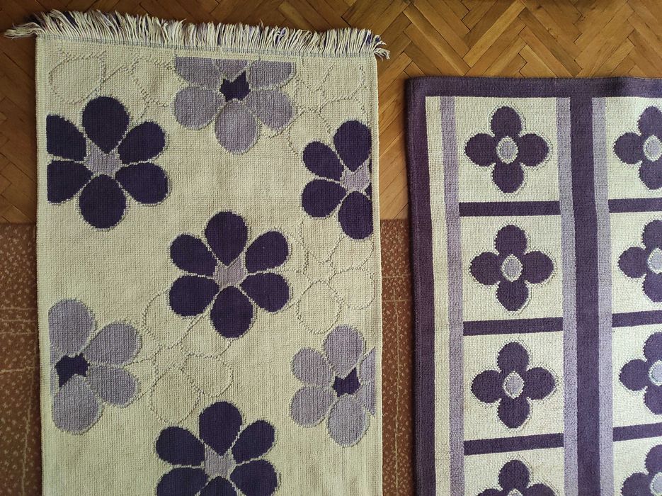 Три броя модерни килими в екрю и лилаво, 120/165 и 75/145 см