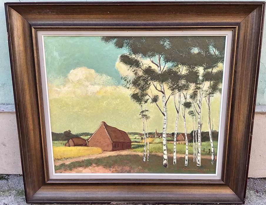 Tablou vechi - la marginea satului - semnat Schoemans.O. 1980