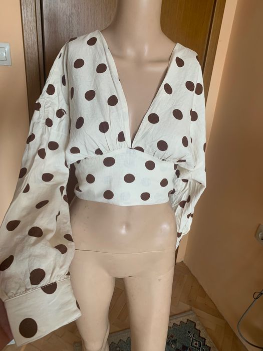 Дамска блуза Zara с десен точки, размер М/L, лен и памук