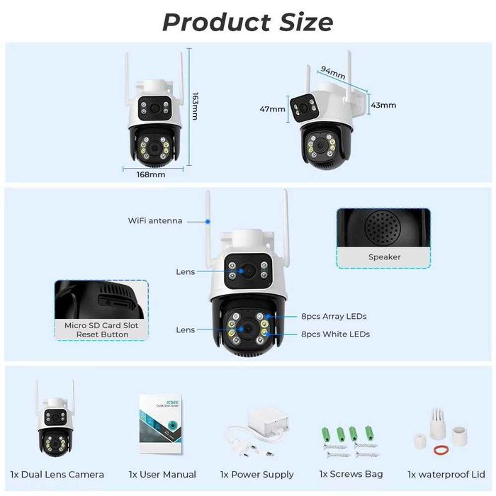 Водоустойчива Двойна Камера 360 Градуса ICSEE Wi-Fi с 8MP и AI функция