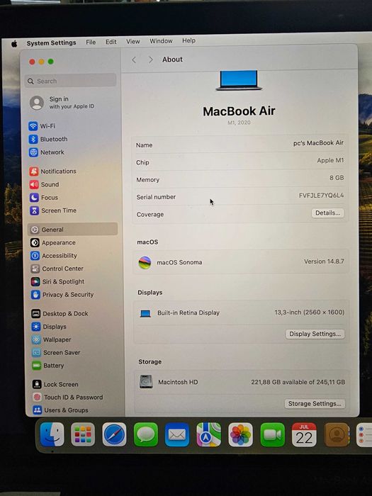 Apple MacBook Air M1 13 inch (2020) – 8GB RAM | 256GB SSD | 88% батерия | +зарядно | Space Gray