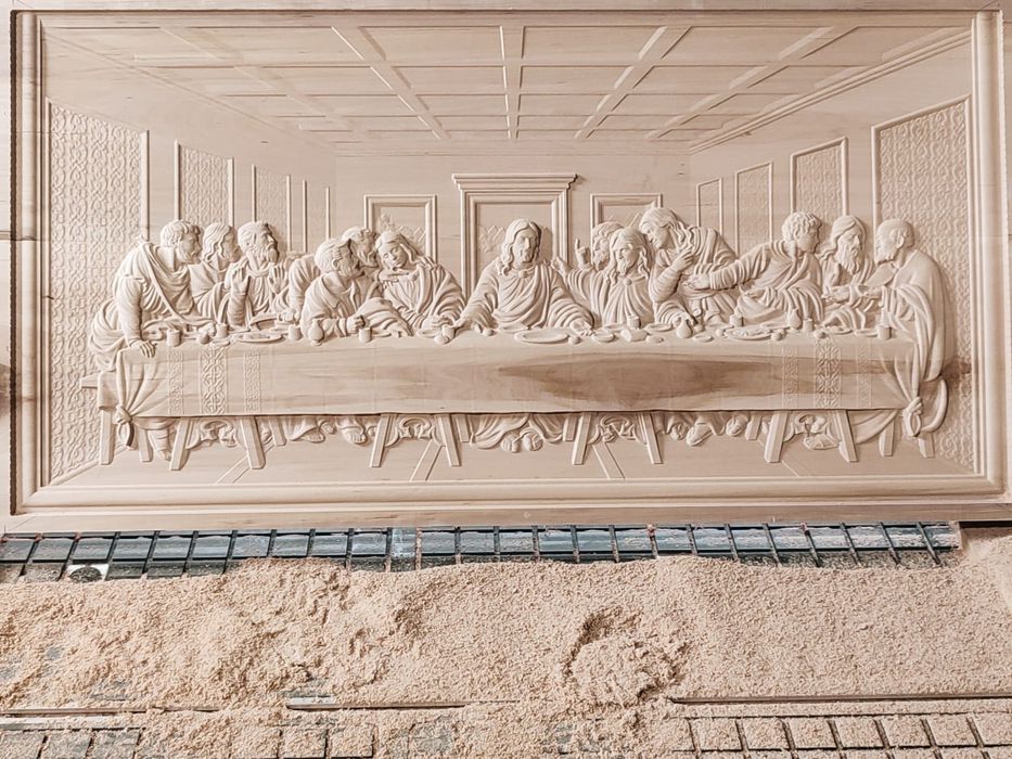 Tablou sculptat Cina cea de taină pictat manual 100x50 cm