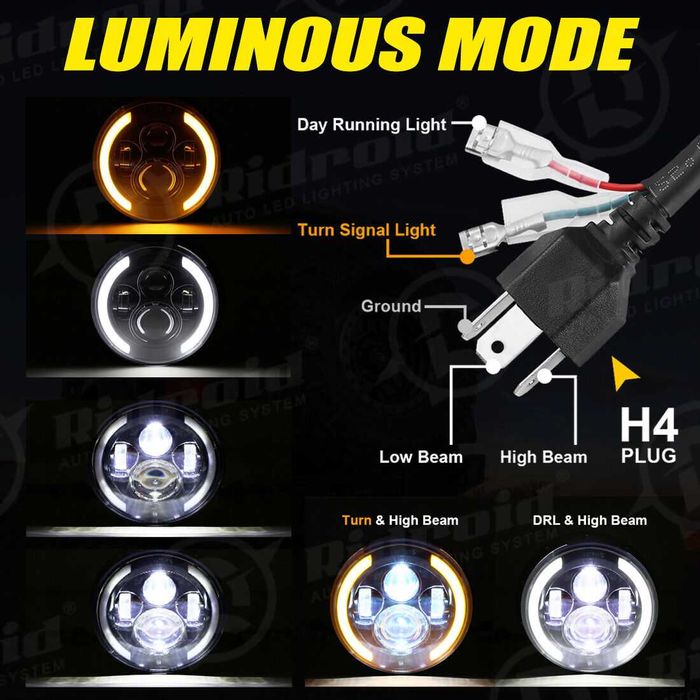 Комплект Кръгли LED фарове 70W H4 букса, къси, дълги, дневни + мигач