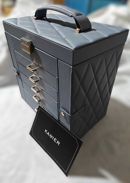 кутия за бижута 6-етажна от естествено дърво, кожа с огледало – XXL