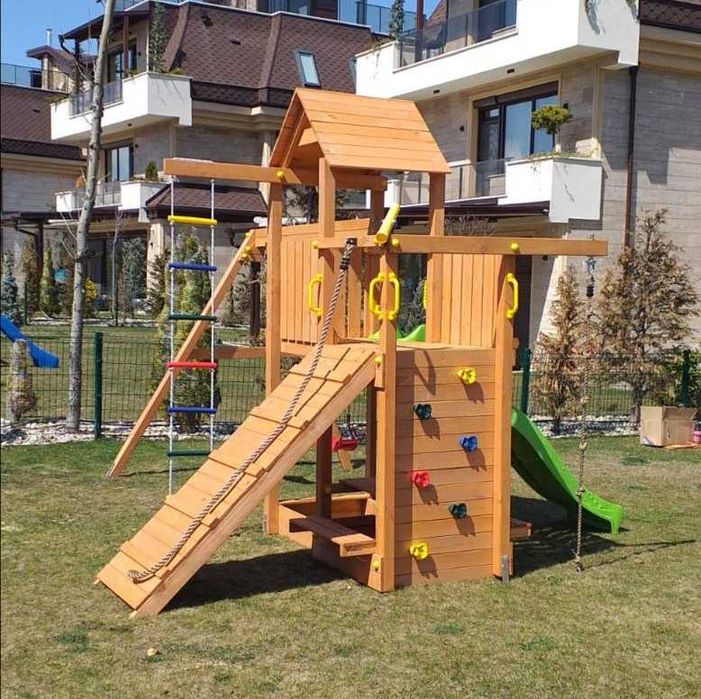 Fungoo ACTIVER дървена детска площадка с пързалка и люлки