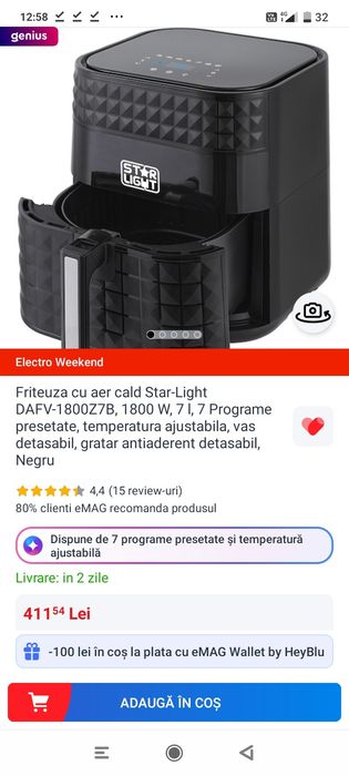-25% Friteuza cu aer cald, airfryer, 7 L, 1800 W, 7 programe presetate, temperatura reglabila