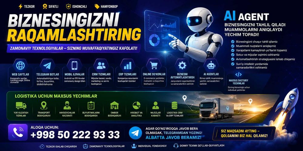 Web Sayt Telegram Bot Mobil Ilova CRM ERP Xizmatlari