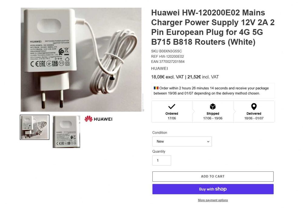 Alimentator Incarcator original Huawei 12V 2A pentru modem router ruter DVR NVR Monitor PC