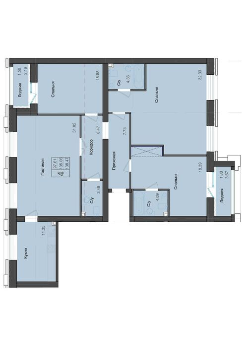 4 комн.квартира в черновой улучшенной отделке