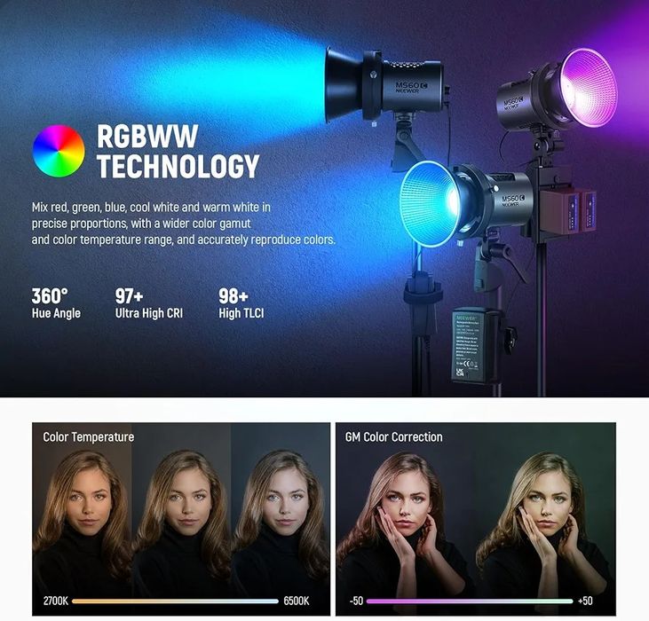 Neewer MS60C 65W RGBWW LED Видео Осветление с Батериен Комплект