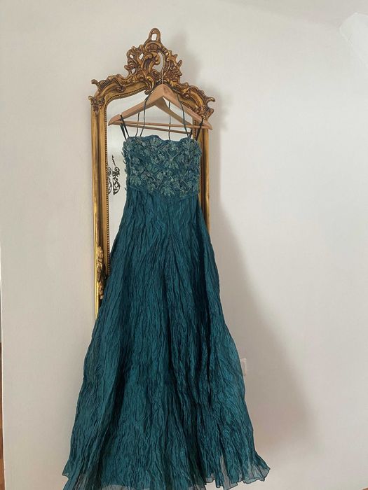 Rochie lunga verde turcoaz M L tulle corsaj broderie