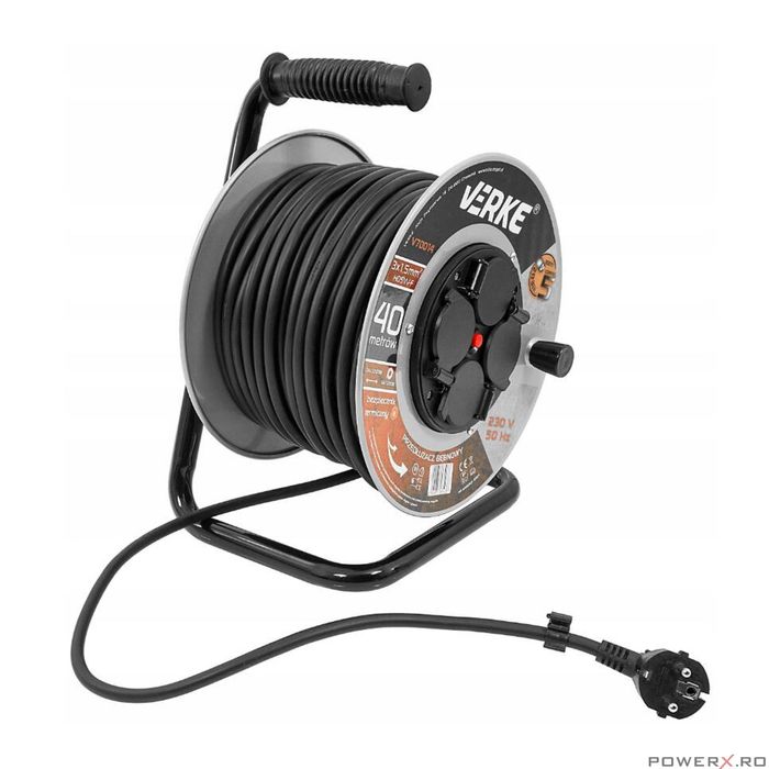 Rola prelungitor cablu cu cadru metalic, 40 metri 3 x 1,5 mm, Verke
