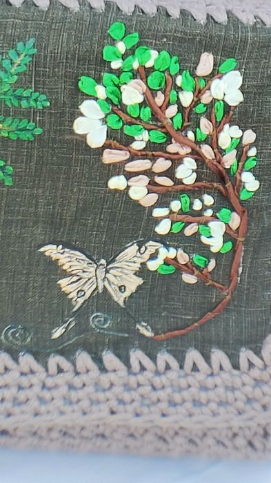 Geantă unicat, croșetată 100% manual, cu panou pictat și broderie 3D