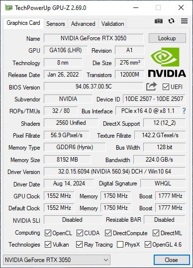 Видеокарта RTX 3050 8 Gb