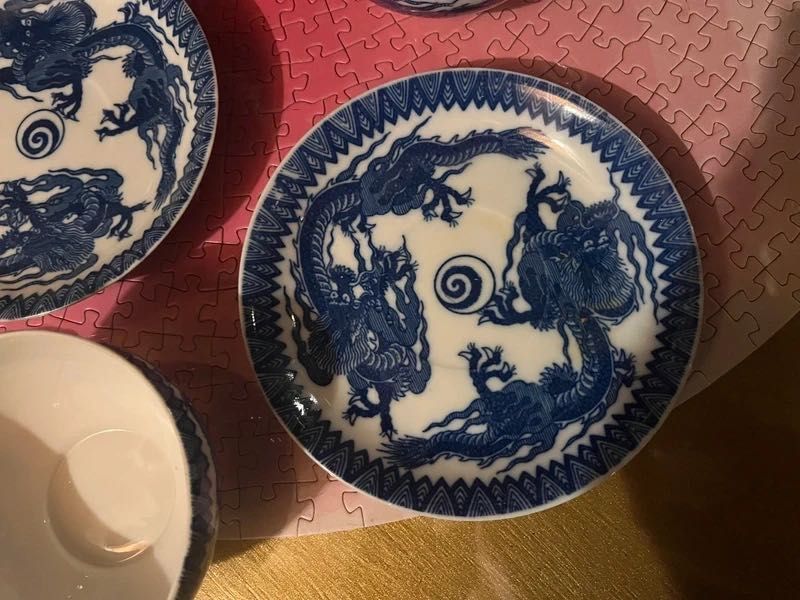 Set 2 cesti portelan Dragons Blue Japan pentru ceai cafea, cu farfurie