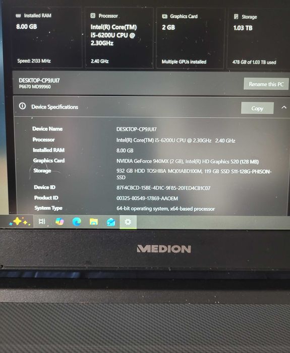 Laptop gaming Medion I5-6200 8Gb DDR4 120Gb SSD 1Tb HDD GTX 940M 2Gb