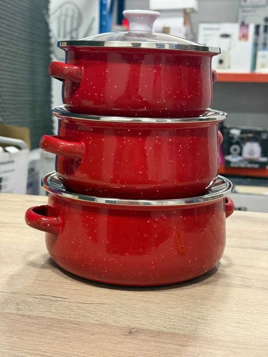 ПРОМО!! Комплект от 3 броя Емайлирани Тенджери + Стъклени Капаци