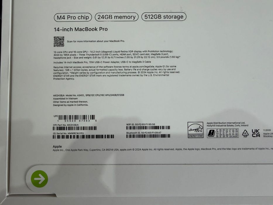 ЧИСТО НОВ MacBook Pro 14" M4 PRO Chip 12-CPU/16-GPU/24RAM/512SSD