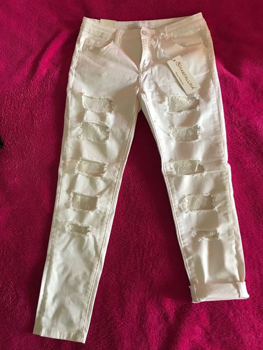 Дамски бели дънки с дантела размер 38