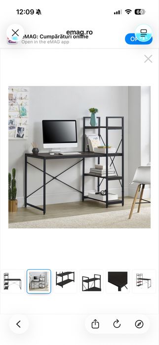 Birou cu rafturi Stavanger, 122 x 120 x 64 cm, metal/PAL, negru/efect lemn de nuc