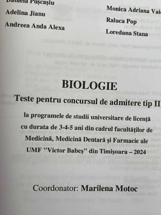 Vând teste biologie admitere tip 2 UMFT