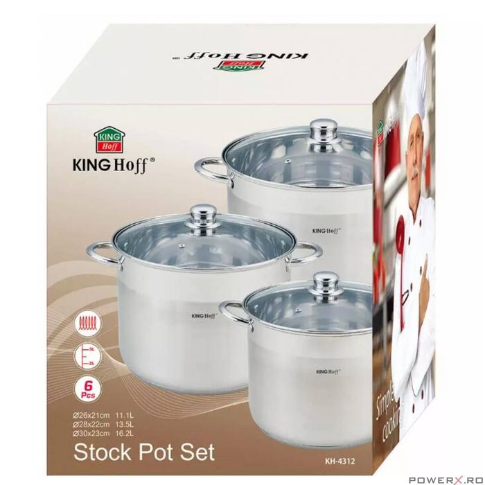 Set 3 oale din inox, cu capac sticla, 11.1l, 13.5l, 16.2l, KingHoff