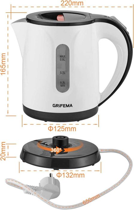 GRIFEMA​ eлектрическа кана, 1100W 0.8L, филтър против котлен камък