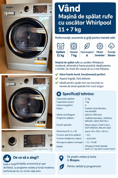 Masina da spalat cu uscător Whirlpool 11+7