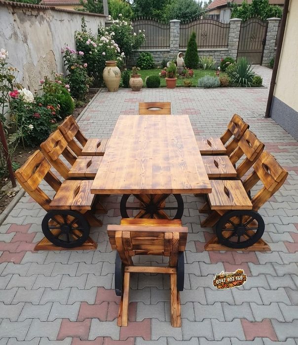 Set masă cu  scaune  rustice bancă  , balansoar  leagan  lemn foisor