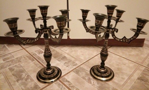 Set de 2 superbe sfeșnice cu 5 brate din bronz gravate integral manual