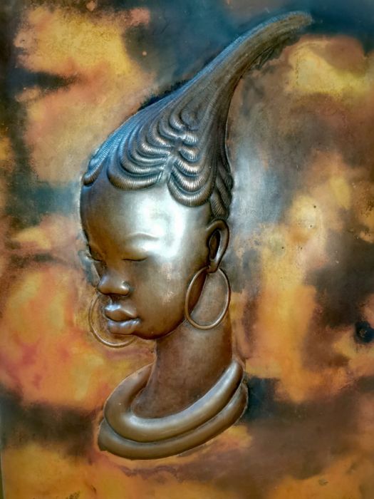 Антикварен Бюст жена стил арт нуво медна стенна плоча картина изкуство